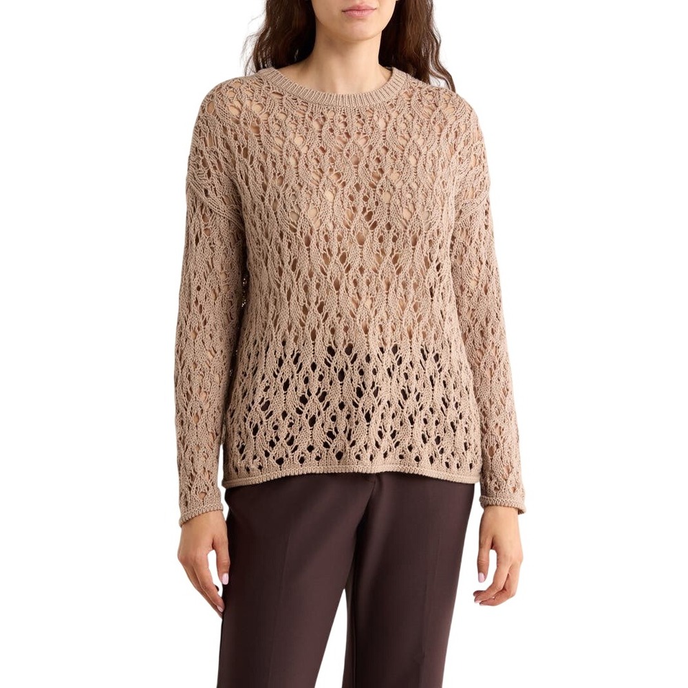 Eileen Fisher Open Stitch Organic Cotton Crewneck Sweater XL Wheat Tan NWT‎